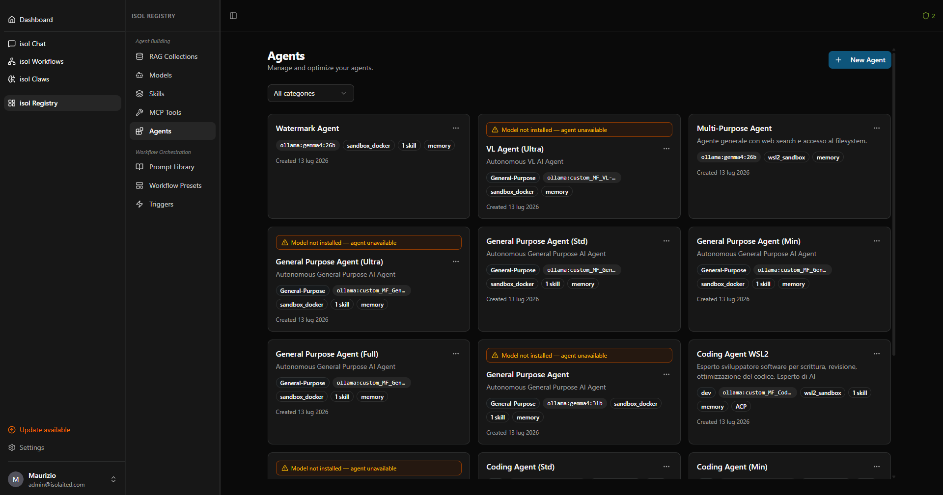 isol Registry — unified registry of agents and artefacts