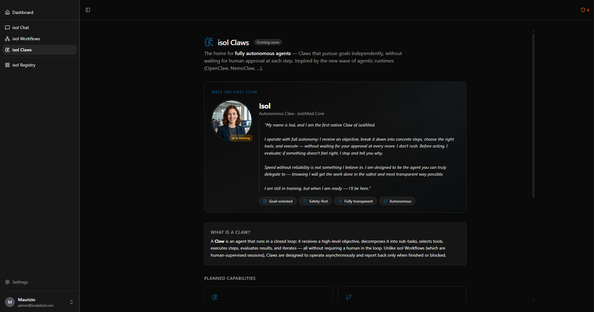 isol Claws — autonomous agents dashboard